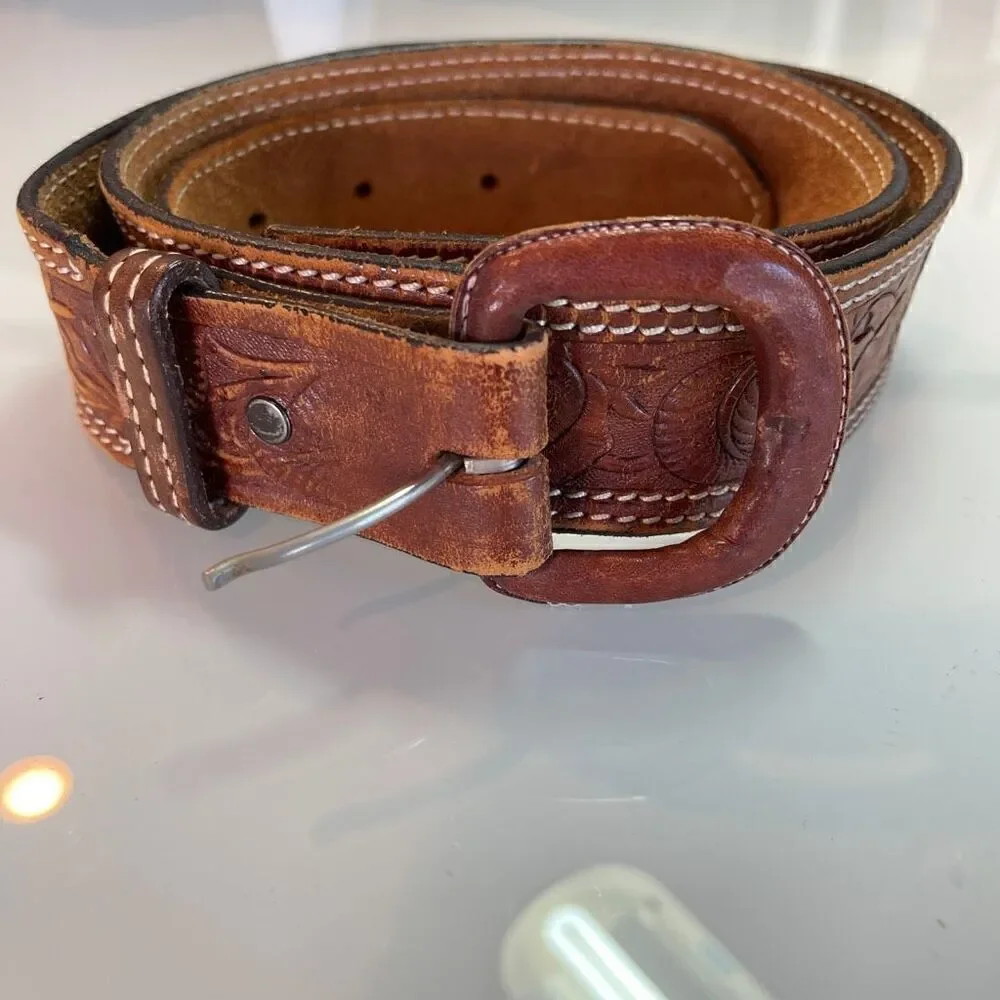 Vtg The Belt Factory Hand Tooled Leather Belt feathers and rose Cowhide Size 38